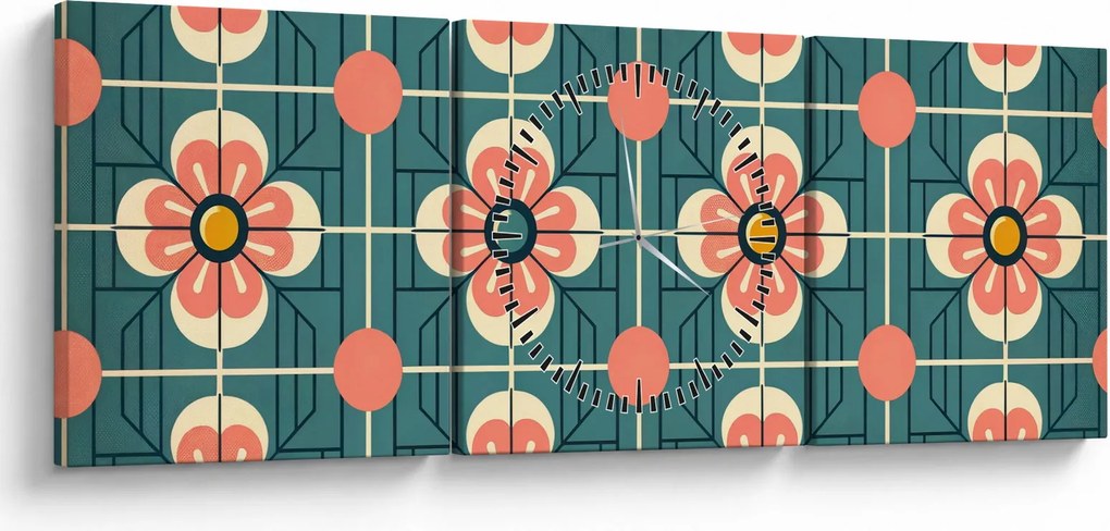 Obraz - Retro vzor s kvetmi (s hodinami) (90x30 cm)