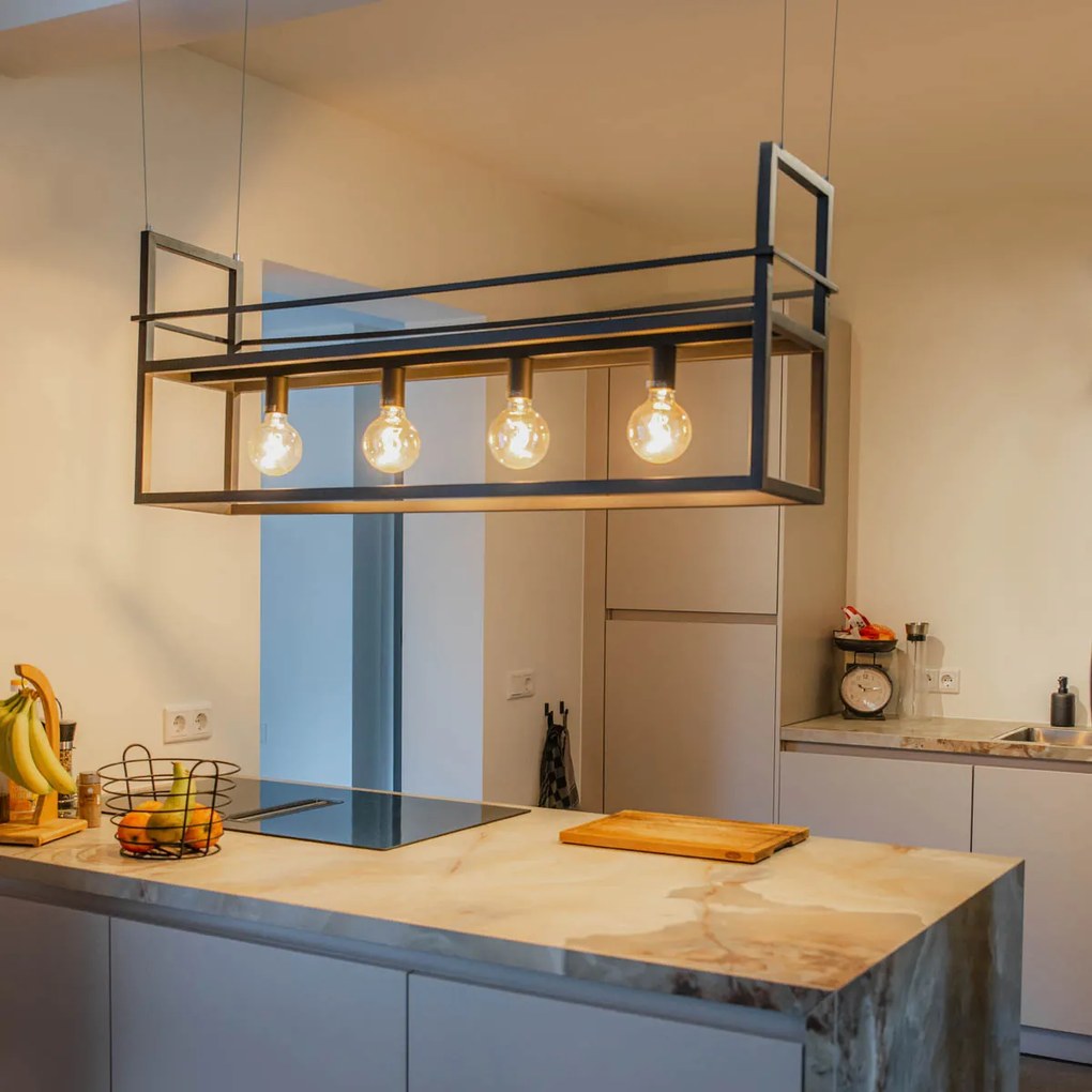 Priemyselné závesné svietidlo čierne s poličkou veľká 4 svetlá - Cage Rack