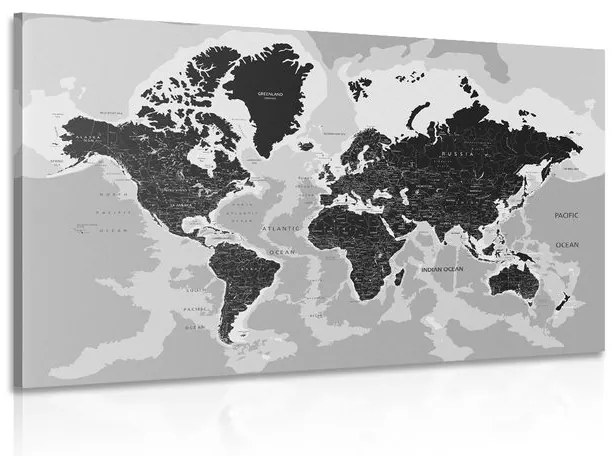 Obraz podrobná mapa sveta v čiernobielom prevedení