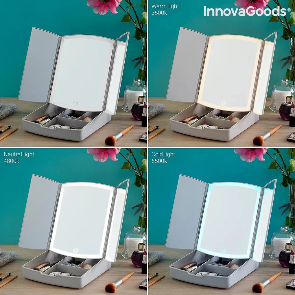 Skladacie zrkadlo s LED svetlom 3 v 1 s organizérom mejkapu Panomir - InnovaGoods