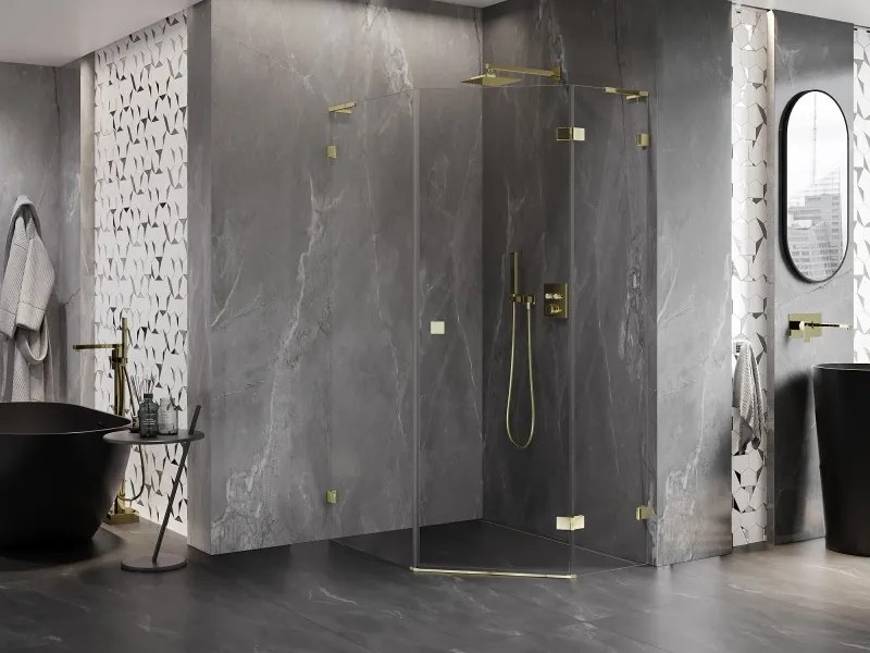 Mexen Lunar, L pravý výklopný päťuholníkový sprchový kút 80 x 100 cm, 8mm číre sklo, zlatý profil, 831L-080P-100L-50-00-P