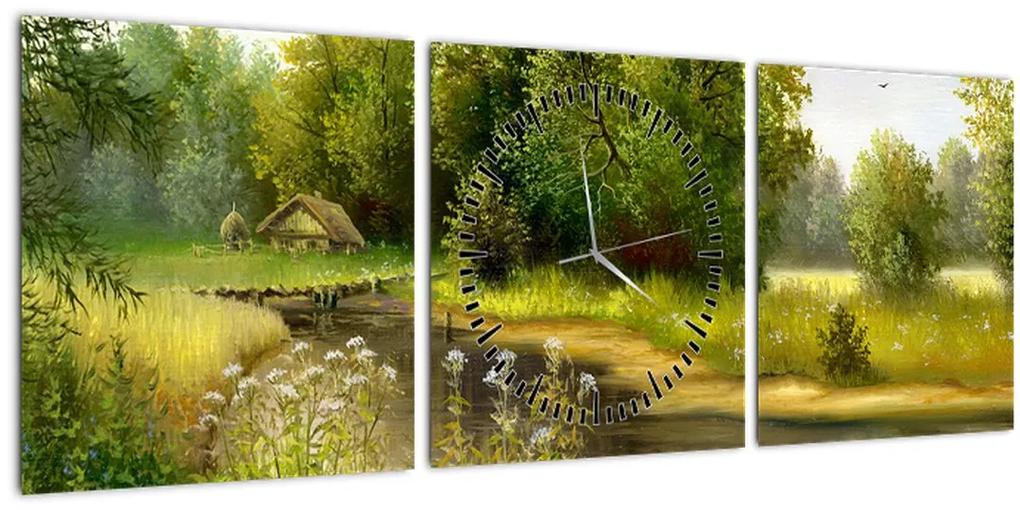 Obraz - Rieka pri lese, olejomaľba (s hodinami) (90x30 cm)
