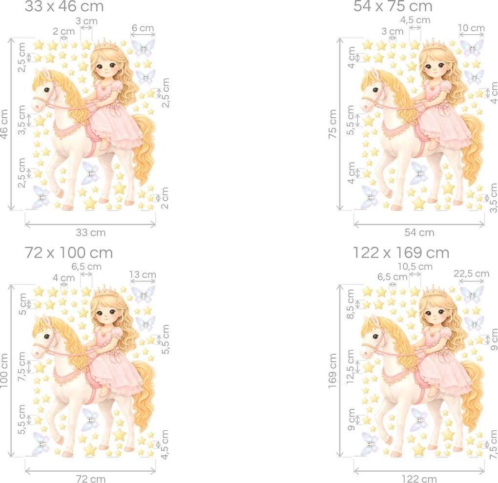 Princezná na koni textilná znovu prilepiteľná nálepka na stenu hárok 33 x 46 cm