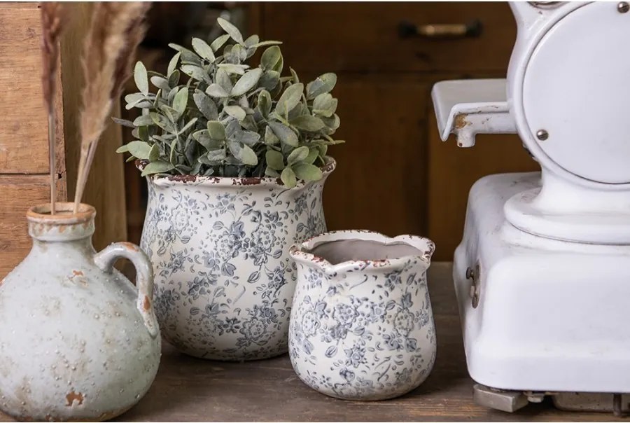 Retro béžový kvetináč so šedými kvetmi Alana S - Ø 12*12 cm