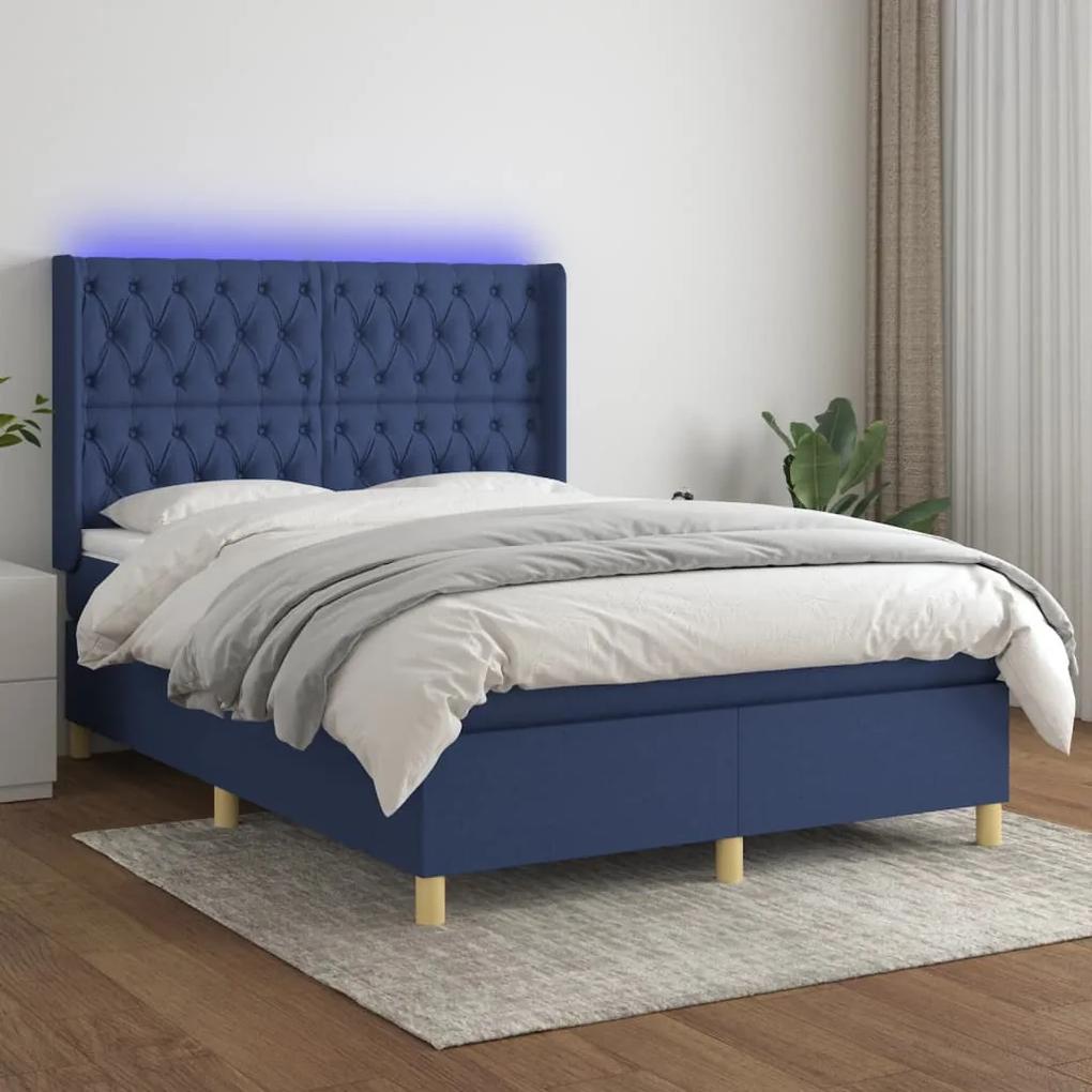 Posteľ boxsping s matracom a LED modrá 140x200 cm látka 3139123