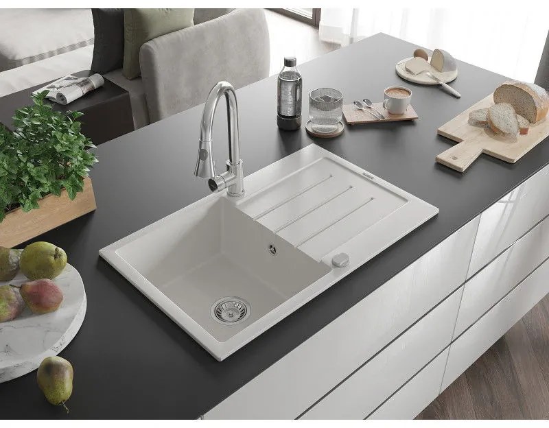 Mexen Bruno, 1-komorový granitový drez 795x495x200 mm a drezová batéria Elia, biela, 6513-20-670101-00