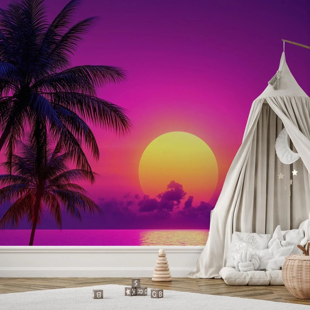 Fototapeta - Fialový západ s palmou (147x102 cm)