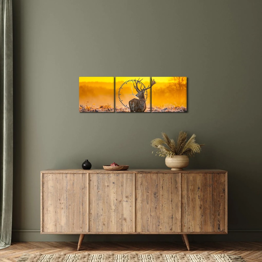 Obraz - Jeleň pri východe slnka (s hodinami) (90x30 cm)