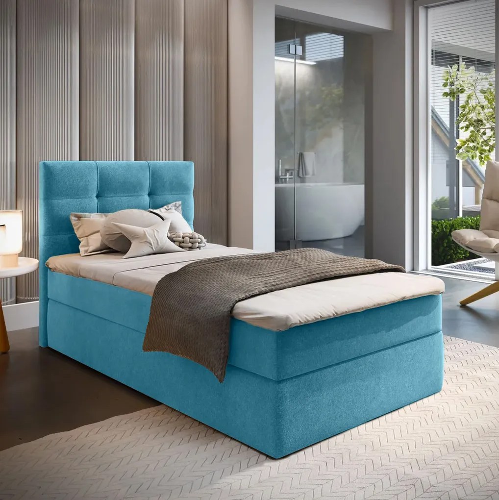 Čalúnená posteľ boxspring GLORIEN VELVET 90x200 cm modrá Matrac: Matrac Bonell pružinový