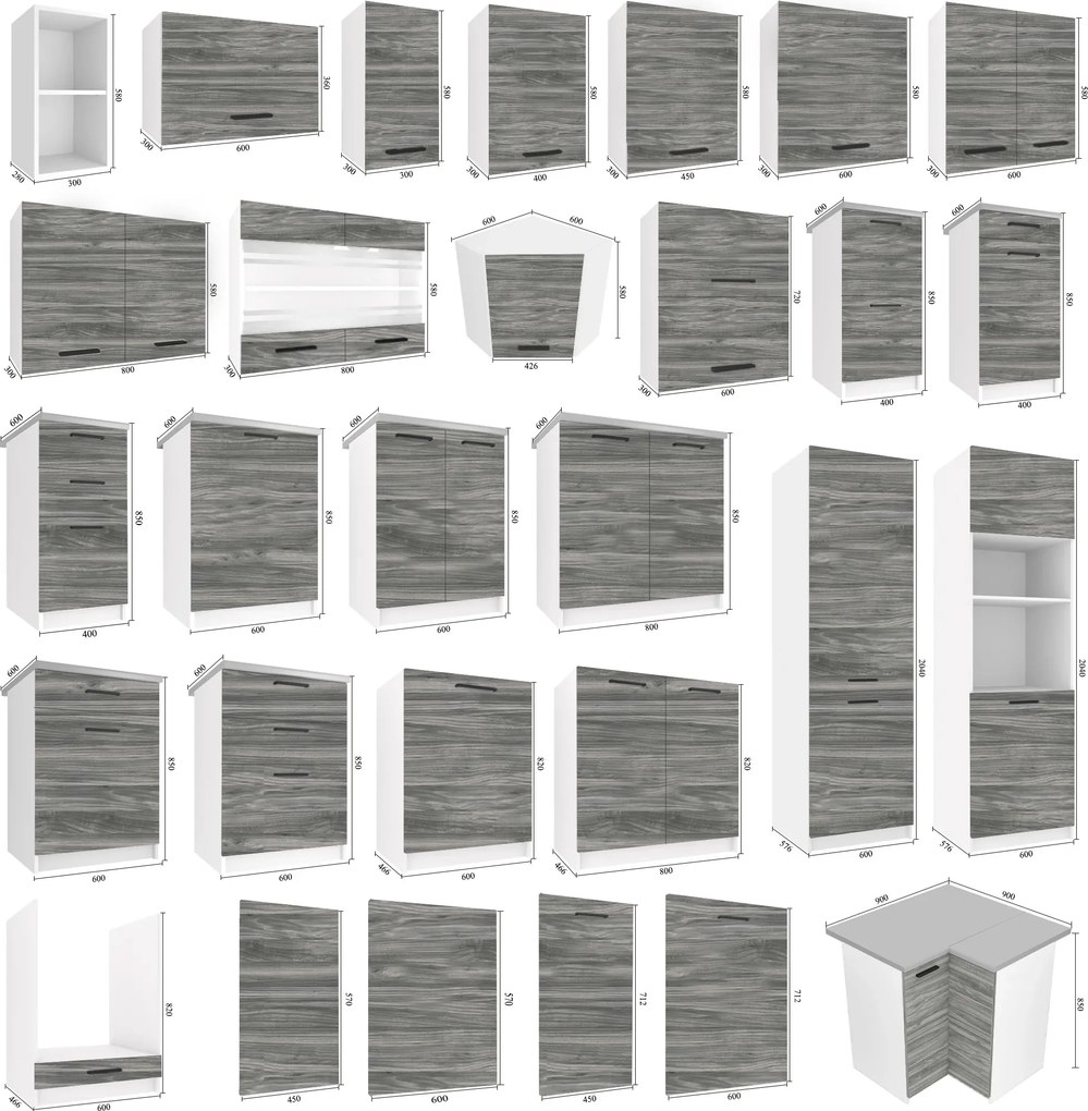 Kuchynská linka Belini 420 cm šedý antracit Glamour Wood s pracovnou doskou Uniqaplus   TOR UNIQAPLUS/4/WT/GW1/0/B1