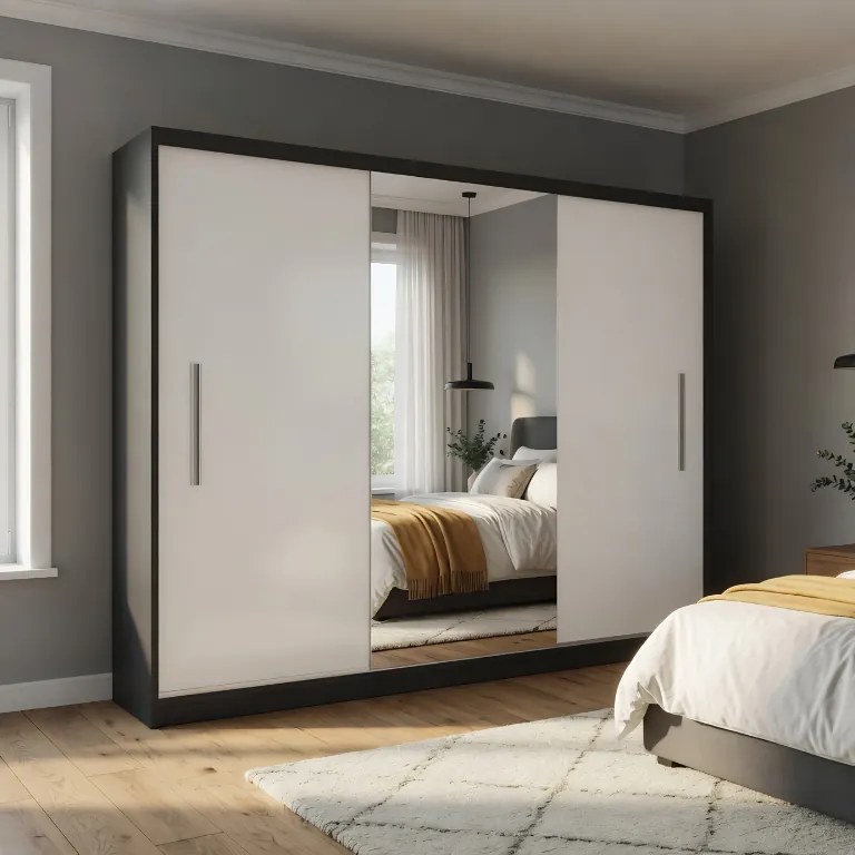 Šatníková skriňa s posuvnými dverami 232 cm so zrkadlom biela matná  MES PRIMO SZP4/2/1B/2W1L/0/AL