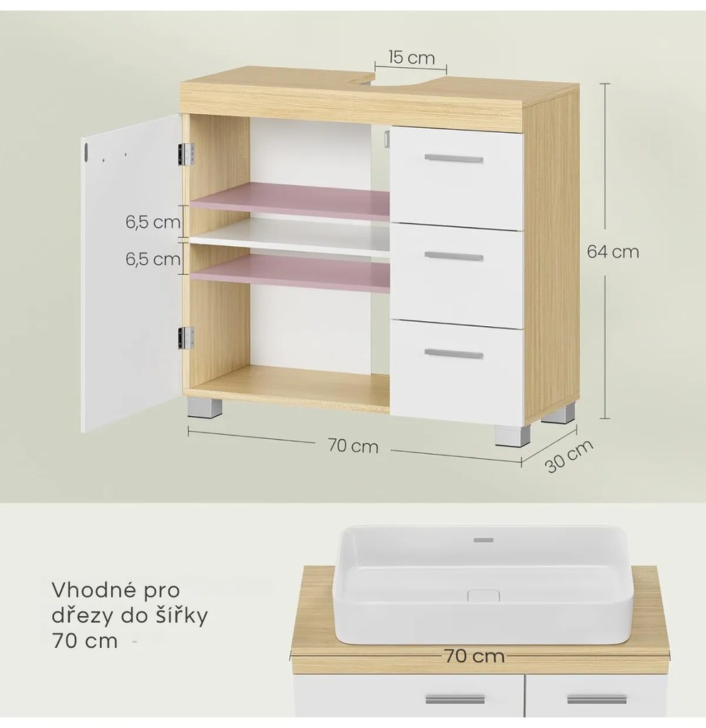 Skrinka pod umývadlo Vasagle Bruser biela/prírodná béžová