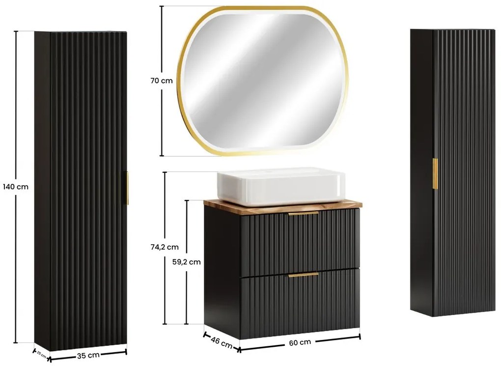 Kúpeľňová zostava Casad Nature Magic s doskou, umývadlom, skrinkami a zrkadlom 60 cm čierna