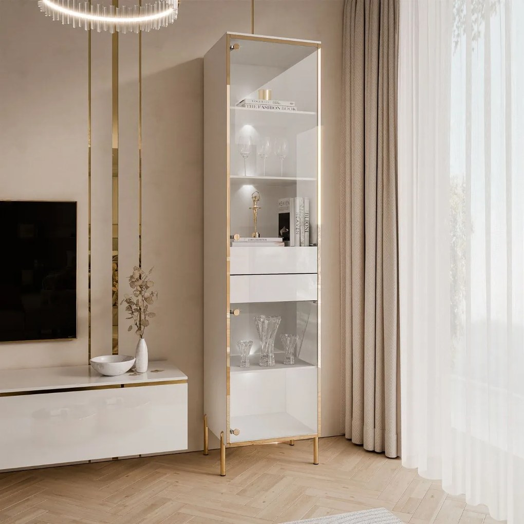 VITRÍNA NESSIE BIELY LESK + ZLATÁ NA NOŽIČKÁCH 45 x 195 cm