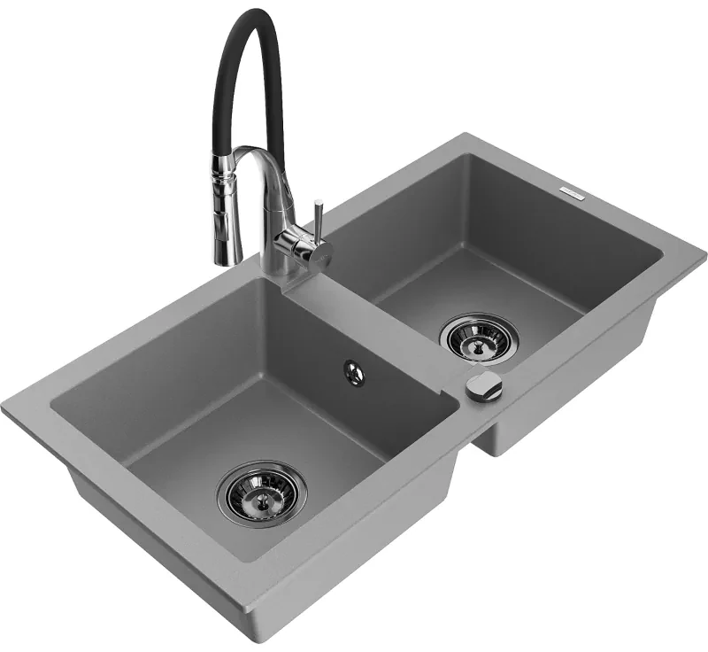 Mexen Mario, granitový drez 820x436x161 mm, 2-komorový a drezová batéria Aster, šedá, 6504-71-73450-07-B