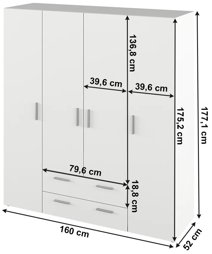 Štvordverová šatníková skriňa so zásuvkami Korny - biela
