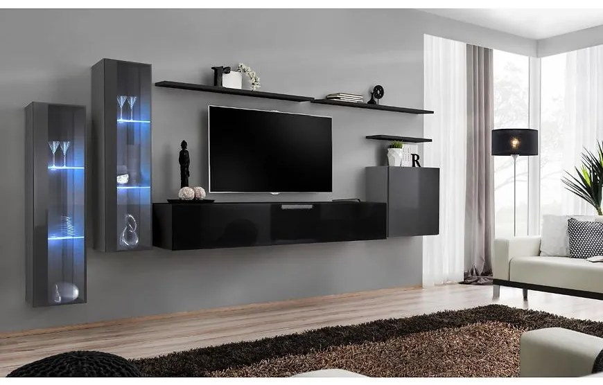 Obývacia stena Switch Sklo +LED XI Grafit/čierna
