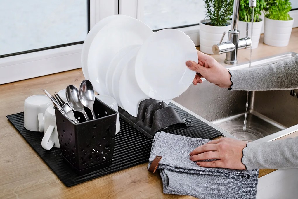 ALTOM Držiak, stojan na pokrievky, taniere, veká - 7 pozícií, plastový - čierny