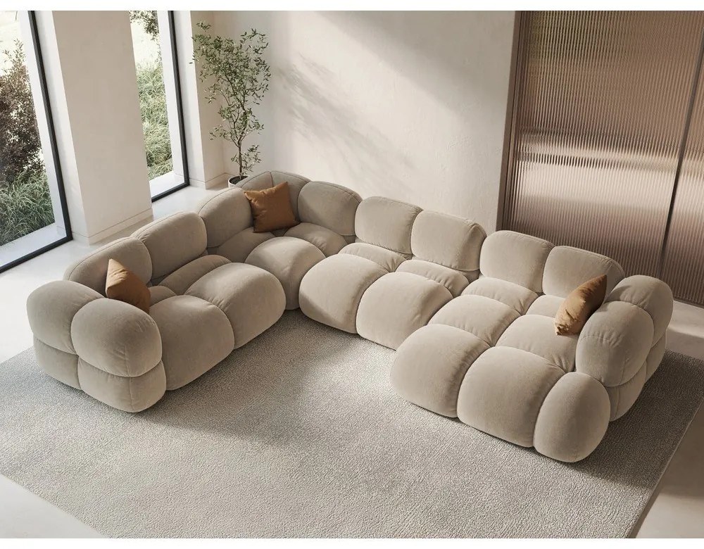 Béžová zamatová rohová pohovka (ľavý roh/do tvaru "U") Loretto – Cosmopolitan Design