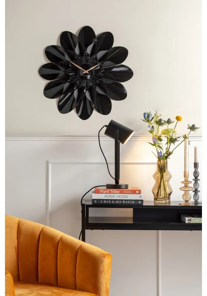 Čierne nástenné hodiny Karlsson Flower, ø 60 cm