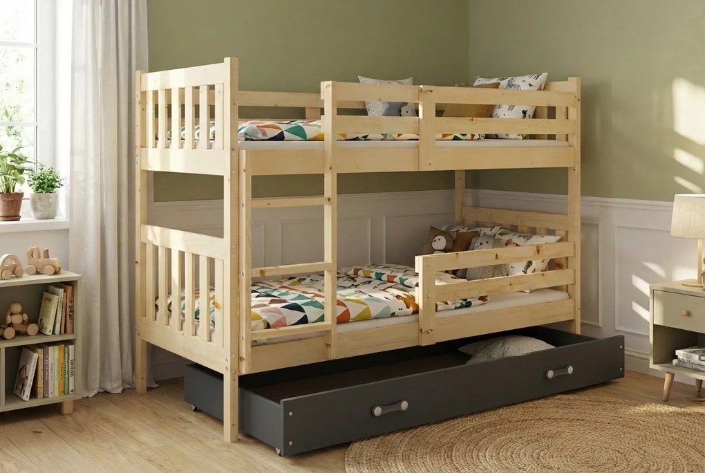 Poschodová posteľ so zásuvkou a matracmi NATURAL 200x90 borovica - grafitová