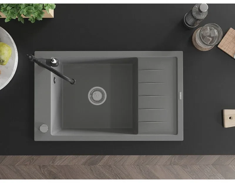 Mexen Elias, granitový drez 795x480x200 mm, 1-komorový a drezová batéria Carla, šedá, 6511-71-670700-70