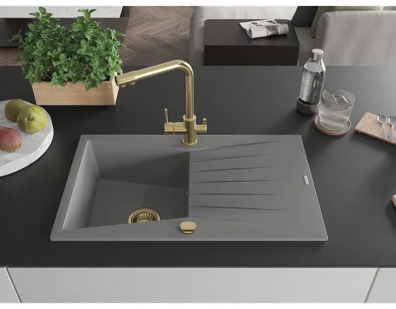 Mexen Cesar, granitový drez 775x470x190 mm, 1-komorový a zlatá batéria Duero, šedá, 6514-71-671600-50