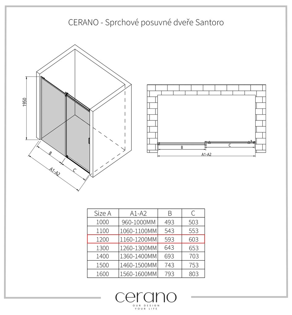 CERANO - Sprchové posuvné dvere Santoro Ľ/P - 8 mm - čierna matná, grafitové sklo - 120x195 cm, CER-CER-537430