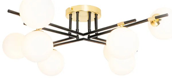 Stropné svietidlo čierne so zlatom a opálovým sklom 8-žiarovkové - Lynn