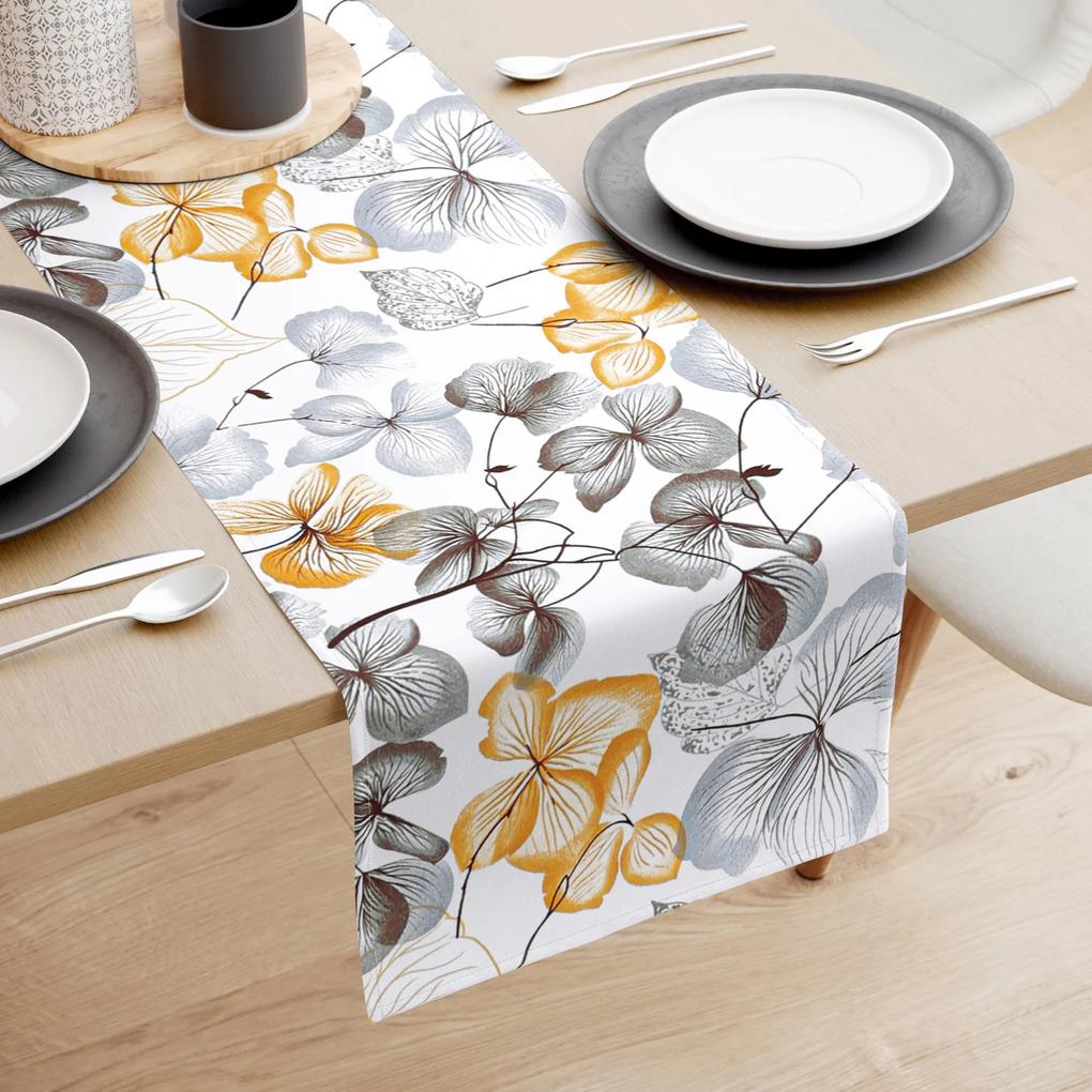 Goldea behúň na stôl 100% bavlnené plátno - sivo-hnedé kvety s listami 20x160 cm