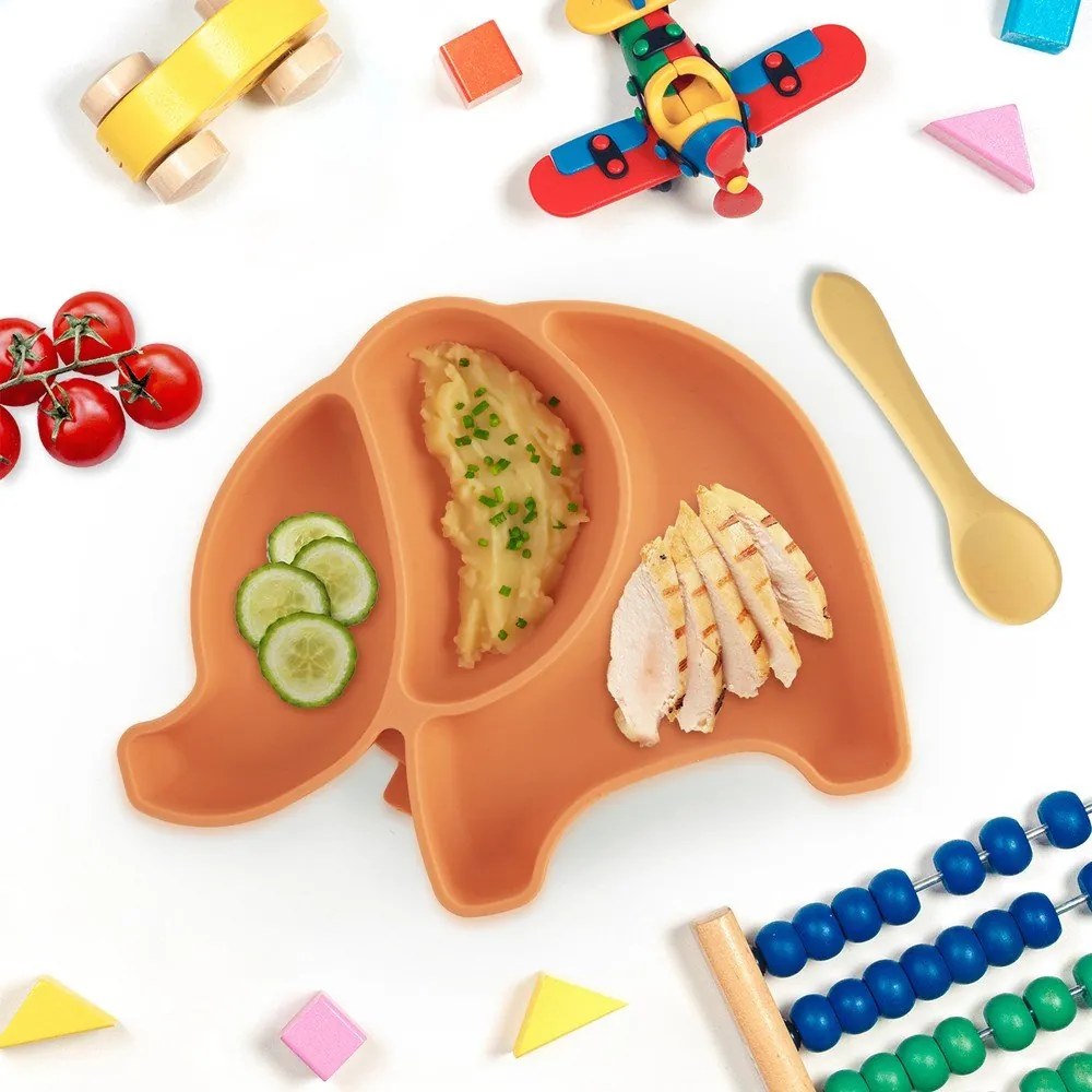 Oranžový silikónový detský tanier 18x23 cm Elephant – Orion