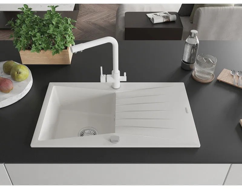 Mexen Cesar, granitový drez 775x470x190 mm, 1-komorový a biela batéria Duero, biela, 6514-20-671600-20