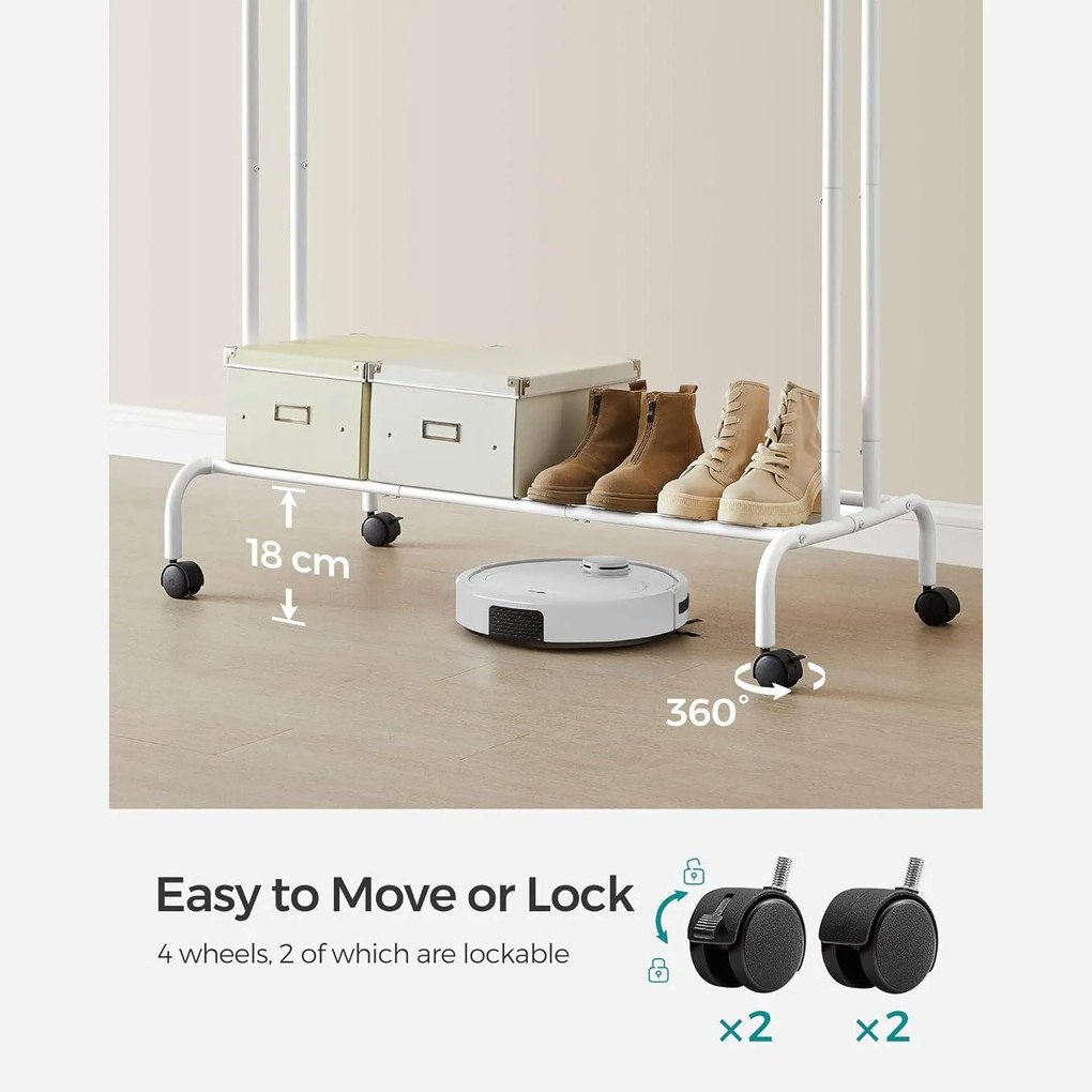 Stojan na šaty, dvojitá tyč, kovový, s policou, biely