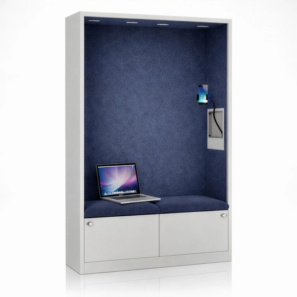 Kancelárska akustická kabína so sedadlom a portom USB-C, telo v sivý / sedák tmavomodrá v zelenej farbe, 1150 mm: SALLY MentalBox