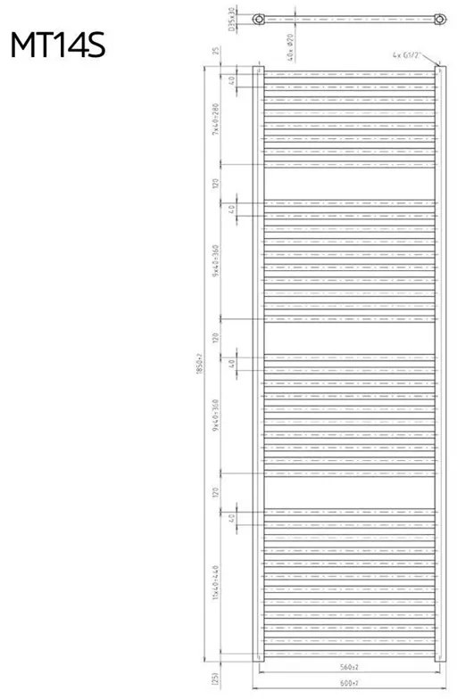 Mereo, Vykurovací rebrík 600x1330 mm, rovný, biely, stredové pripojenie, MER-MT12S