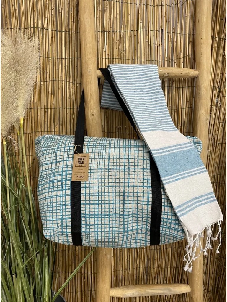 Štýlový set plážovej tašky + osušky HAMAM 75x150 cm, tyrkysový, 100% organická bavlna