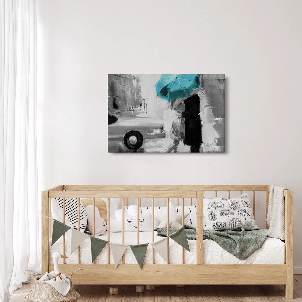 Obraz - Zamilovaný pár s dáždnikom, modrý (90x60 cm)