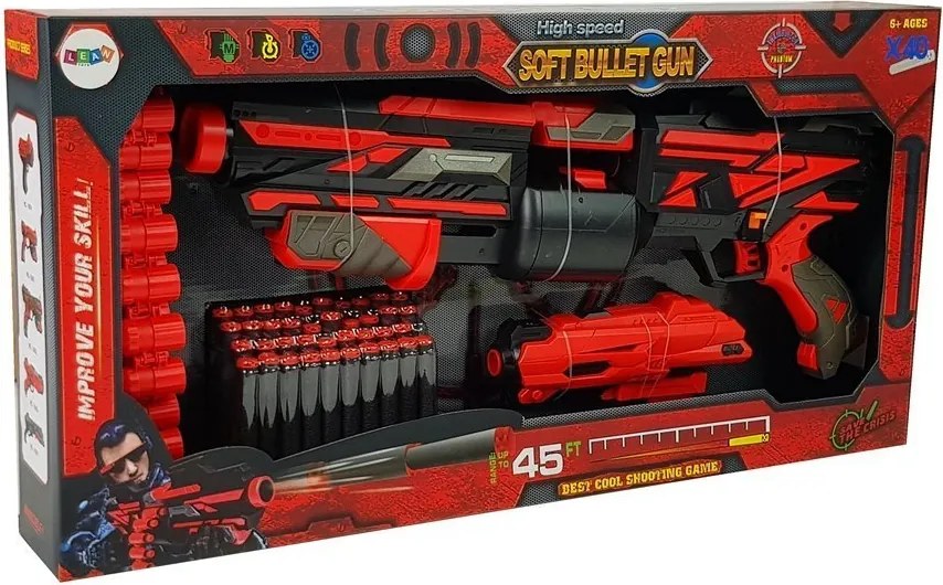 LEAN Toys Veľká pištoľová puška s penovými nábojmi 40 kusov Červeno-čierne mieridlá