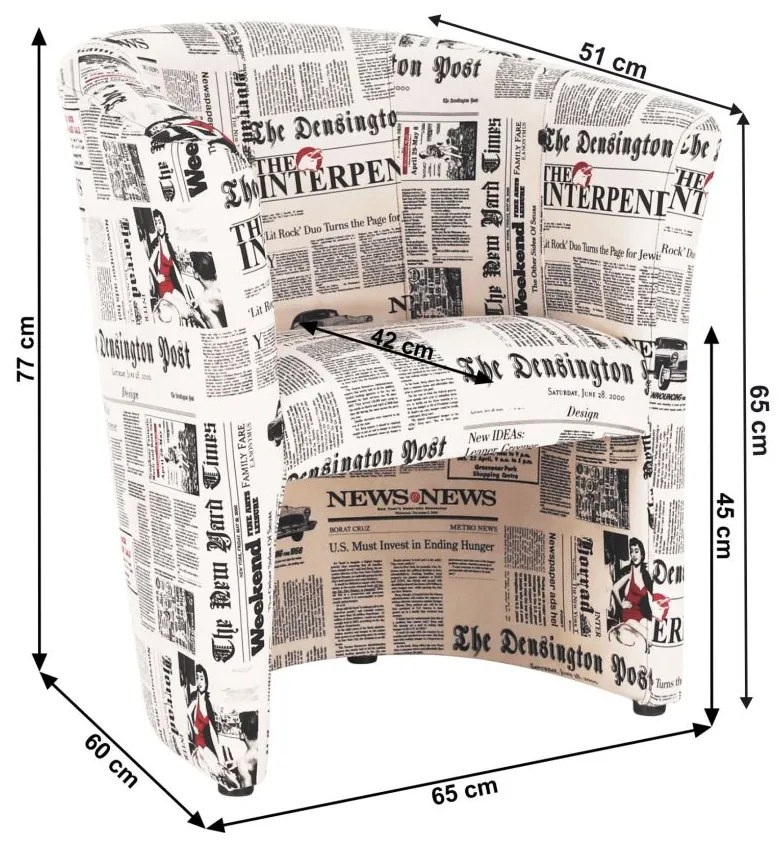 Tempo Kondela Klubové kreslo, látka vzor noviny, CUBA