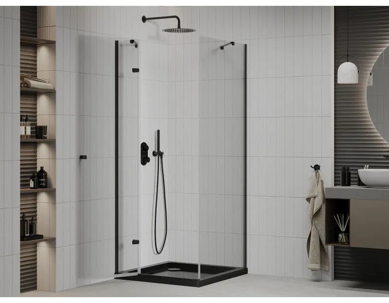 Mexen Roma, sprchovací kút s 1-krídlovými dverami 90 (dvere) x 90 (stena) cm, 6mm číre sklo, čierny profil, slim sprchová vanička 5cm čierna s čiernym sifónom, 854-090-090-70-00-4070B