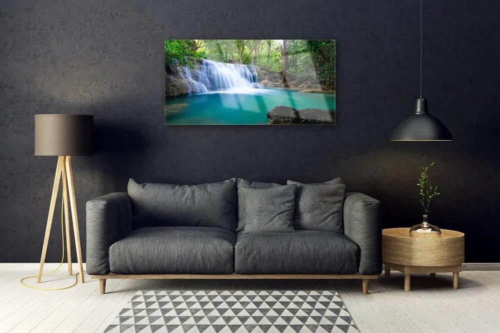 Obraz na skle Vodopád jazero les príroda 100x50 cm