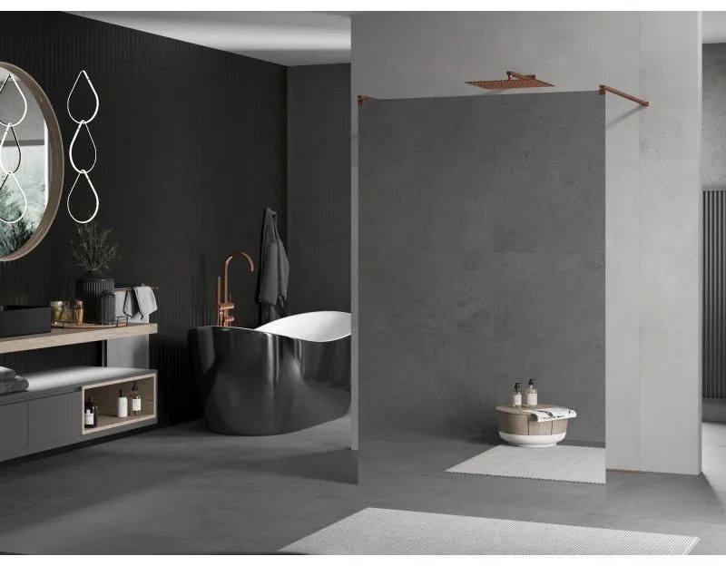 Mexen Kioto, priechodná sprchová zástena 120 x 200 cm, 8mm sklo s efektom zrkadla, 2x zlatá stabilizačná rozpera, profil ružové zlato, 800-120-002-60-50