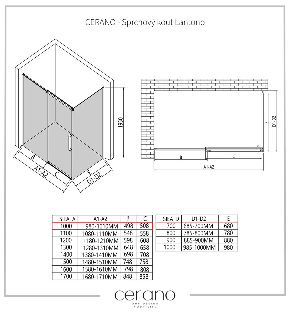 Cerano Lantono, sprchovací kút s posuvnými dverami 100(dvere) x 70(stena) x 195 cm, 8mm číre sklo, chrómový profil, CER-CER-432142