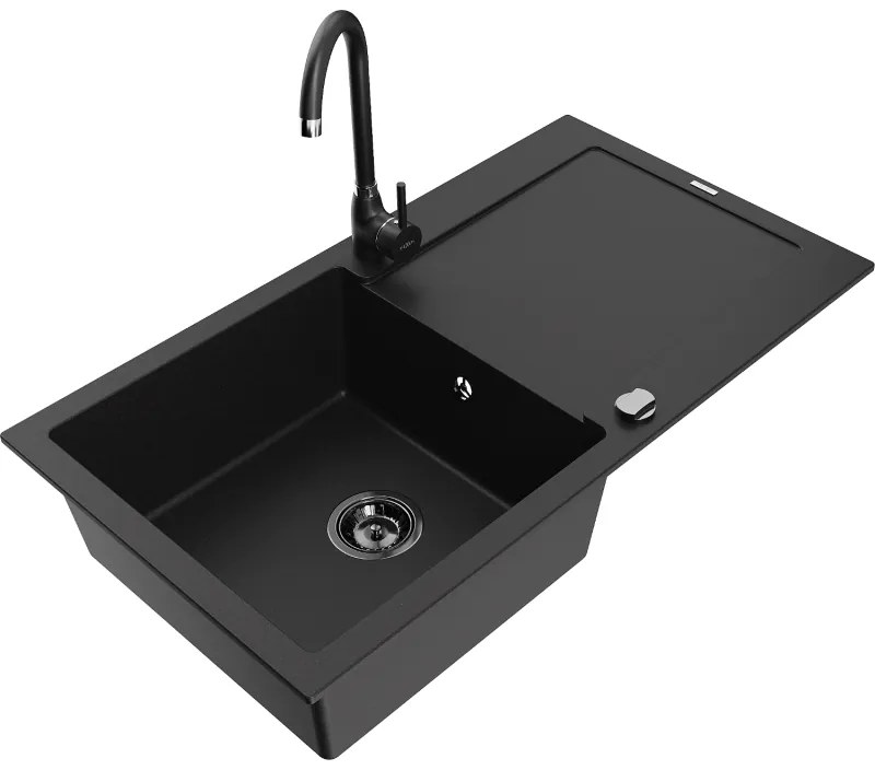 Mexen Leo, drez granitový 900x500x190 mm, 1-komorový a čierna batéria Telma, čierna, 6501-77-670200-70-B