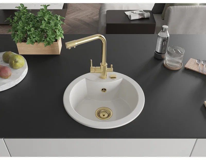 Mexen Diego, 1-komorový granitový drez 488x488x167 mm, zlatá batéria Duero, biela, 6512-20-671600-50