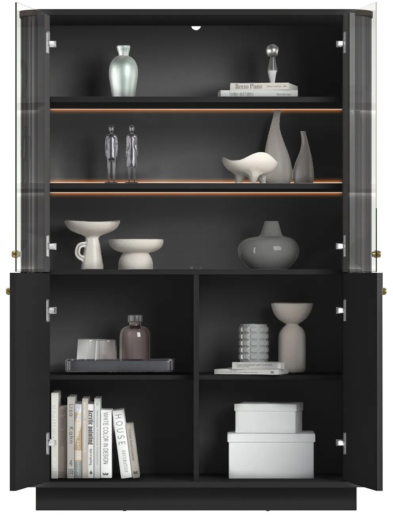 Vitrína Vesper 103 cm štvor­dverová na sokli - čierna / zlaté úchytky