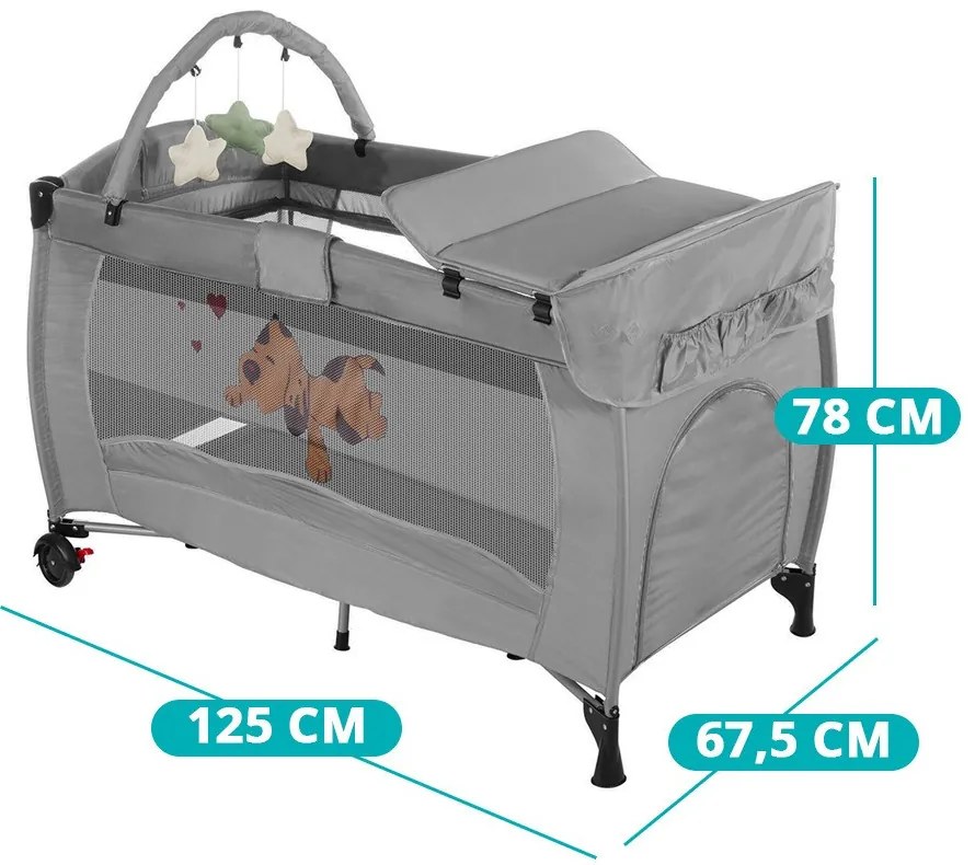 Cestovná postieľka s prebaľovacou podložkou a hracím oblúkom, sivá