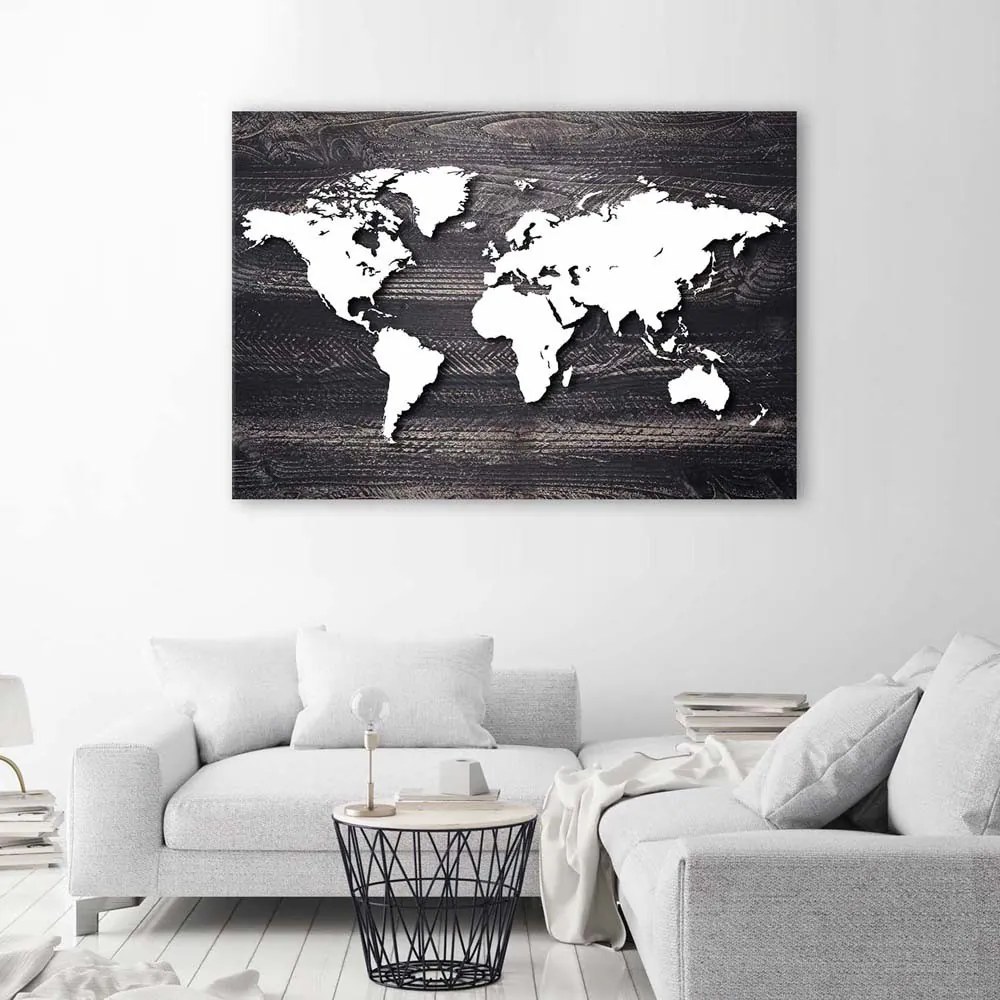 Gario Obraz na plátne Mapa sveta na sivom dreve Rozmery: 120 x 80 cm