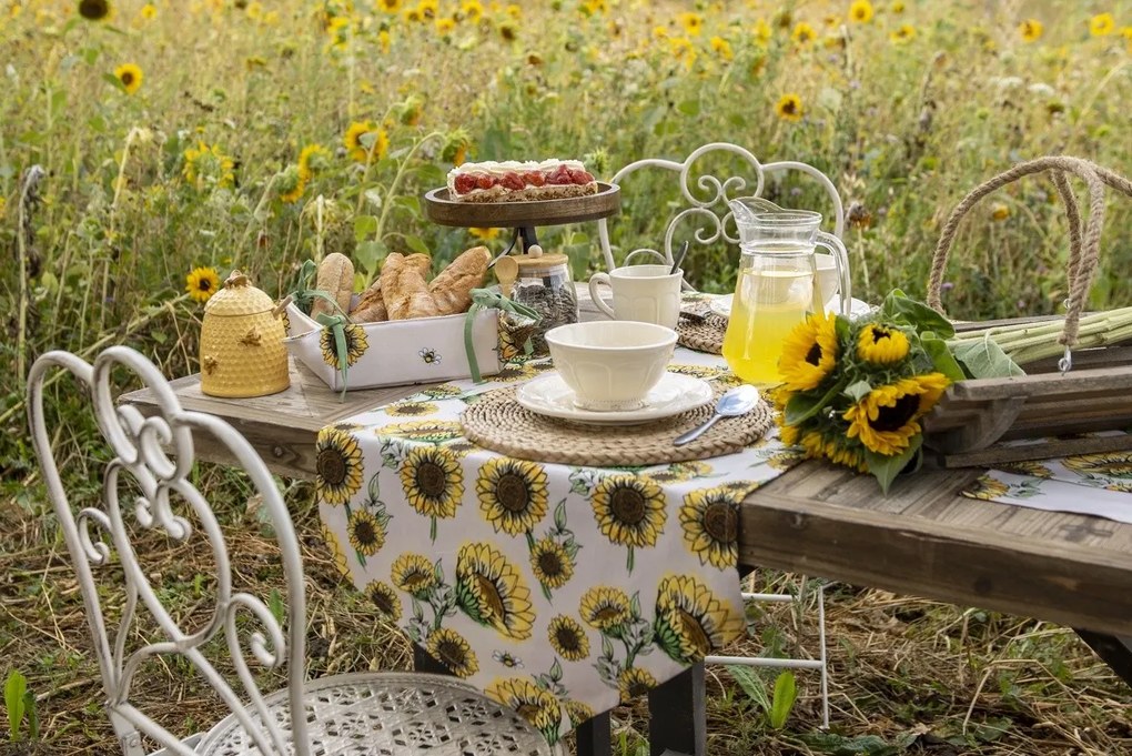 Béžový bavlnený behúň so slnečnicami Sunny Sunflowers - 50*160 cm