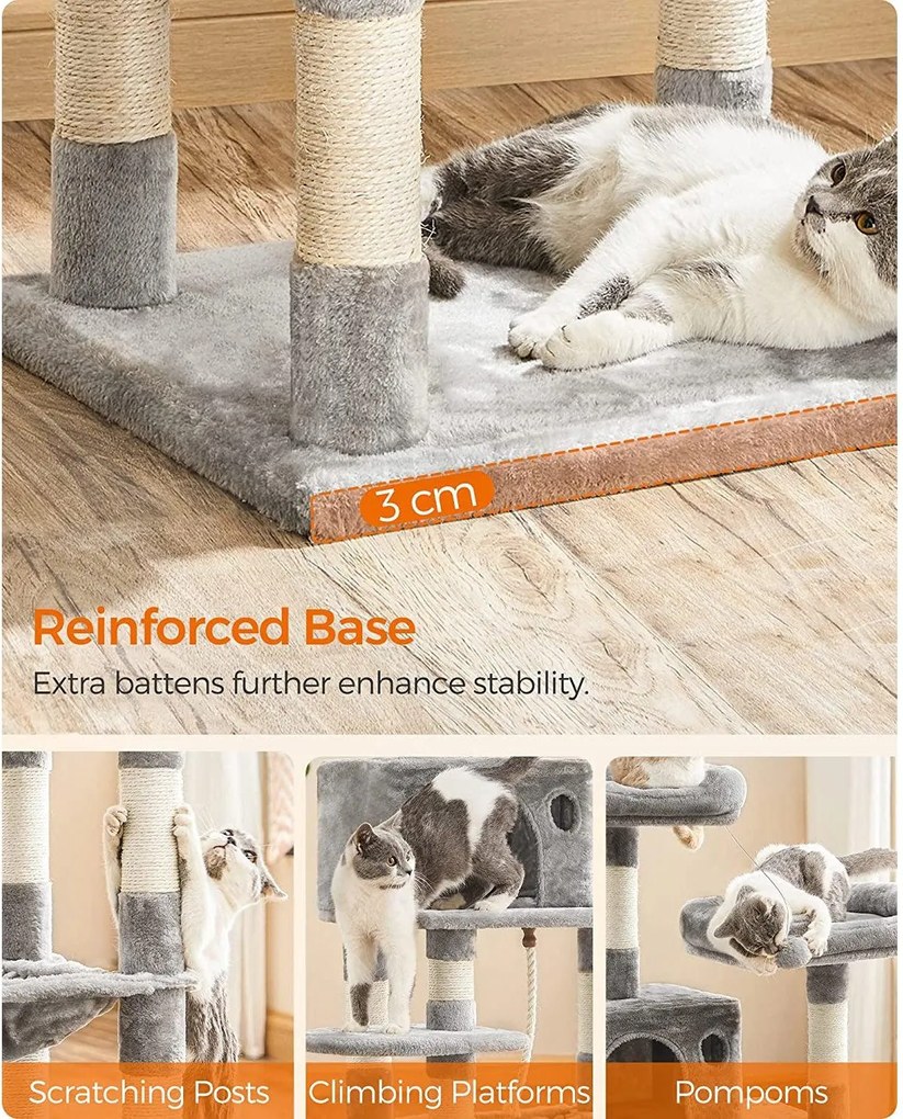 Stabilný mačací strom, s jaskyňou, 143 cm, svetlošedý